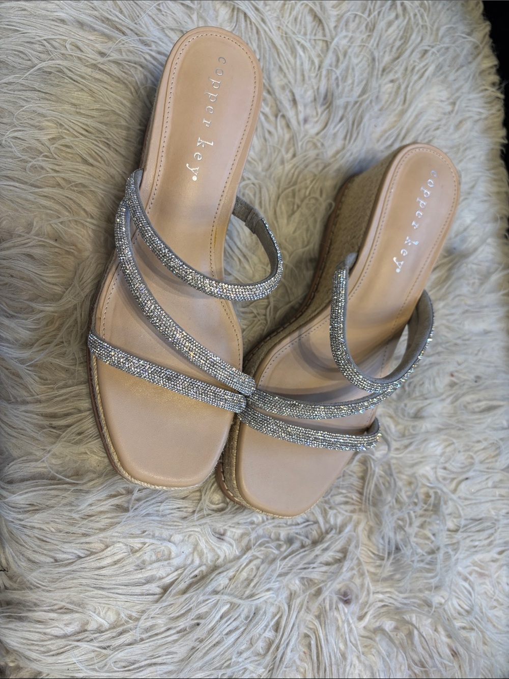 Copper Key Sparkling Silver Strappy Wedge Sandals